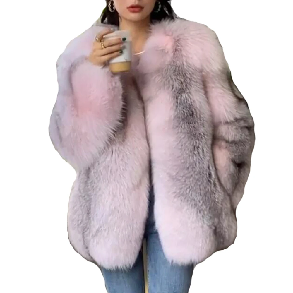 Denny&Dora Winter Women Fox Fur Overcoat Mid-Length Fox Fur Coat Natural Real Fox Fur Coat Pink Color