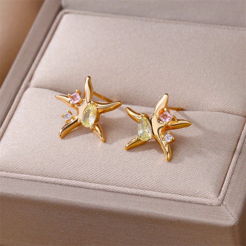 

Minimalist Colorful Zircon Starfish Stud Earrings for Women Metal Liquid Starfish Earrings Summer Aesthetic Wedding Jewelry Gift