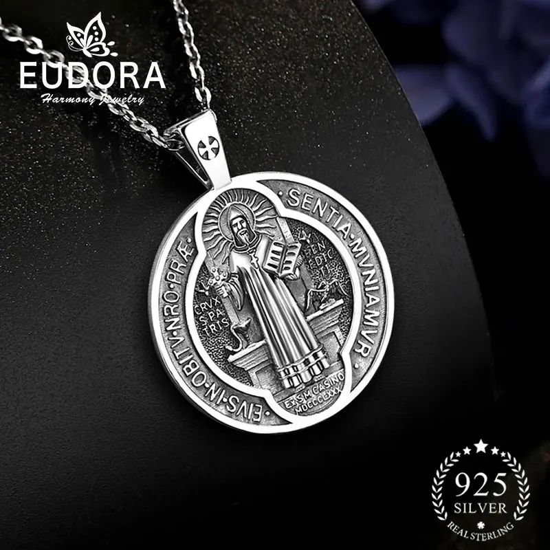 

Eudora 925 Sterling Silver Saint Benedict Necklace Catholic Amulet San Benito Cross Pendant Religious Jewelry Unisex Gift