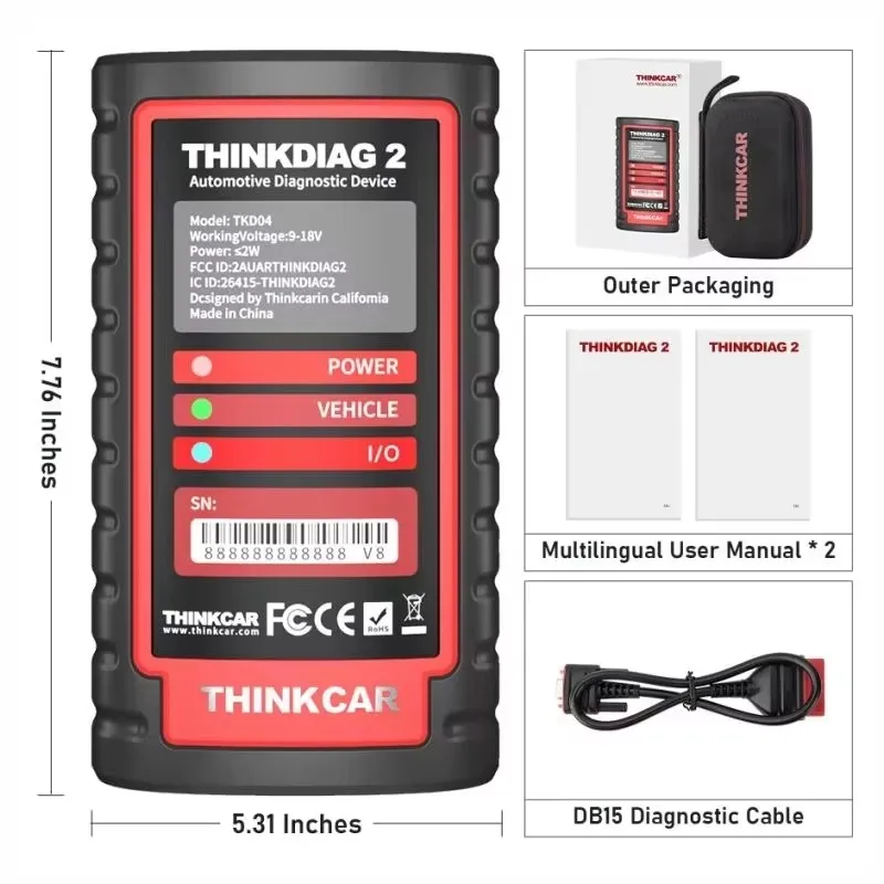 أداة تشخيص جميع الأنظمة THINKCAR Thinkdiag 2 Obd2 - تدعم Diagzone/Xdiag/XPRO5/Prodiag لتشخيص السيارات المتقدمة