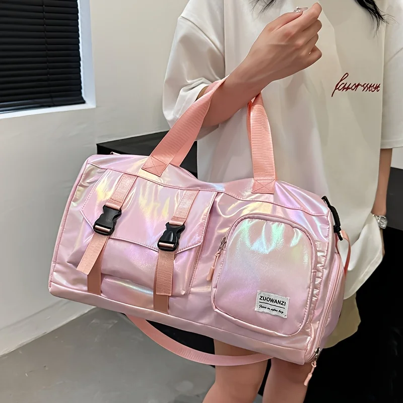

Large Capacity Colorful Travel Duffel Bag, Pink Iridescent Weekender Gym Tote with Shoe Compartment,Versatile Sports Fitness Bag