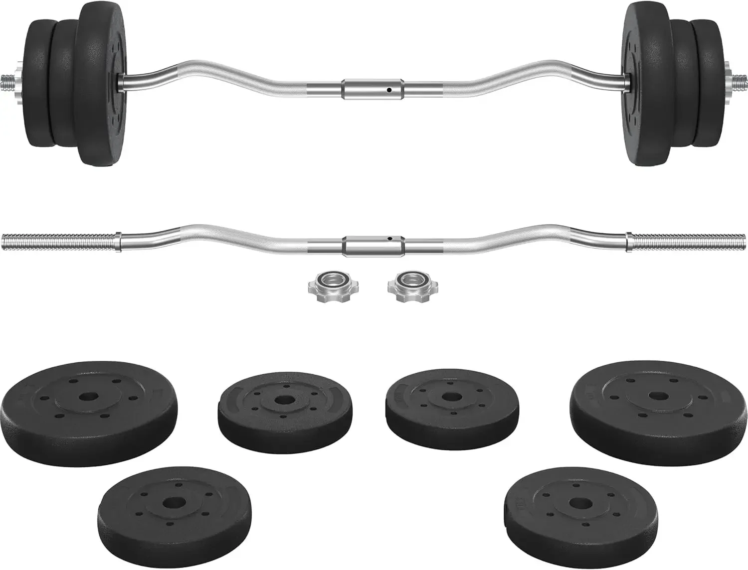 Barbell Weight Set -  Curl Bar & 6  Weights & 2  Barbell Clamps for Lifts 44LB/55LB/66LB