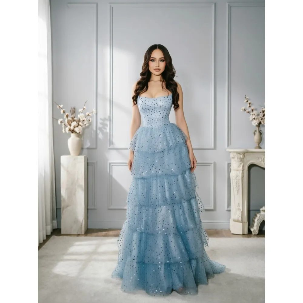 Customized Strapless Sweetheart Light Blue Sequin Tulle Prom Dresses High Low Ruffled Tiered Slit Evening Party Gown for Women