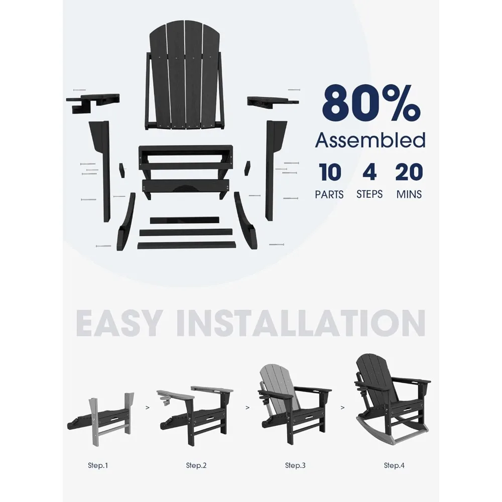 Set di 2 sedie a dondolo Adirondack con pouf retrattile e portabicchieri da patio per portico balcone nero HDPE