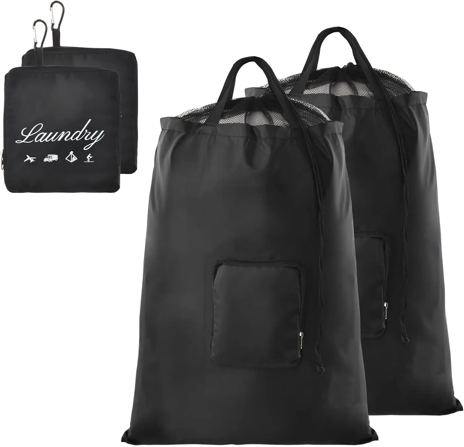 

Travel Laundry Bags, 2Pcs Foldable Dirty Clothes Bag 【Upgraded】 with Fixed Drawstring Net, Handles and Carabiner, Portable L