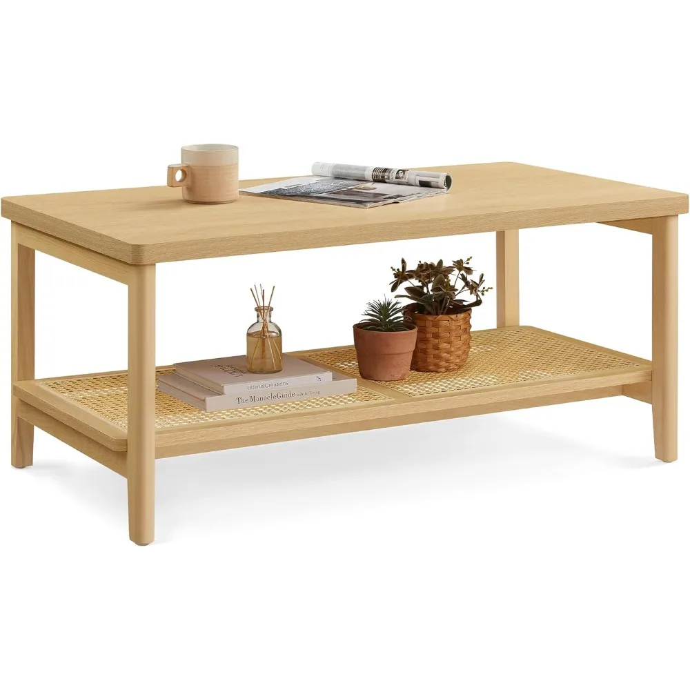 

2-Tier Coffee Table for Living Room, Rectangular Living Room Table, with PVC Rattan Storage Shelf, Rounded Corners, Easy Assemb