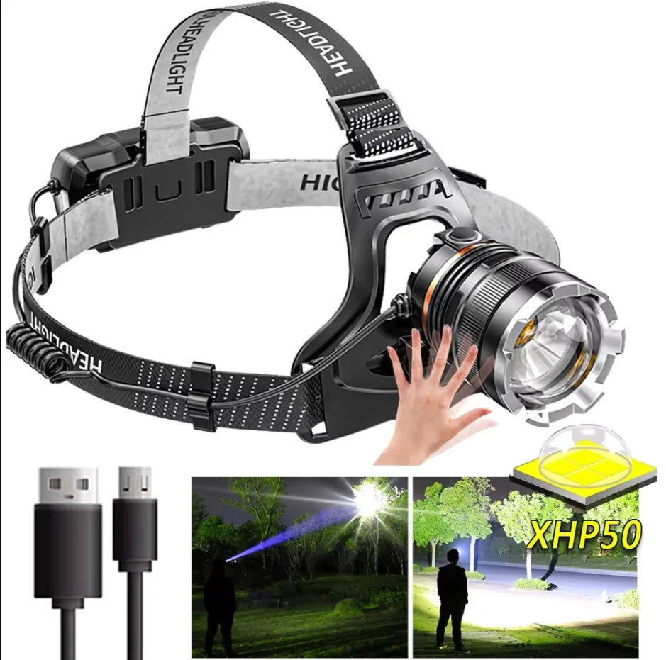 

Светодиодный налобный фонарь XHP50, сверхяркий, водонепроницаемый, с USB-зарядкой, для рыбалки, приключений, кемпинга, освещение 100000 лм