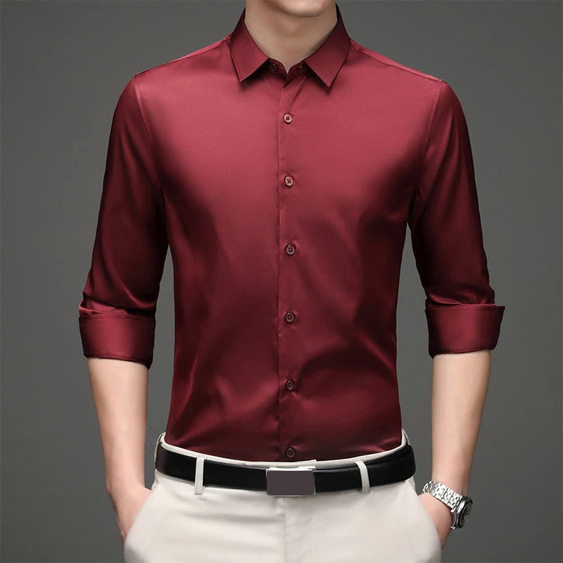 New Traceless Shirt Men\'s Long Sleeve Shirt Stretch Anti-Wrinkle  Casual Pocketless Men Clothing Solid Color Luster Youth Top