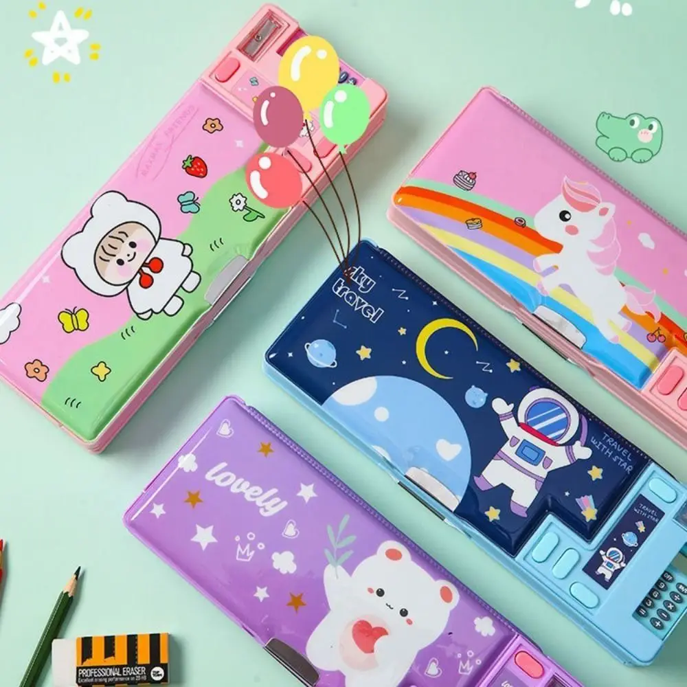 Double Layer Pencil Case With Calculator Pencil Sharpener Pencil Box Plastic Astronaut/Animal Design Stationery Storage Box
