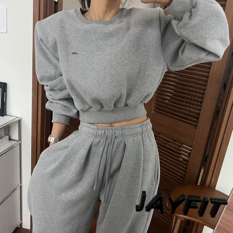 

Faionable Fce Lined ort Sve Women's Outfit Korean Sle Loose Fit Casual Sweatirt Pants Two Piece Set for Winter