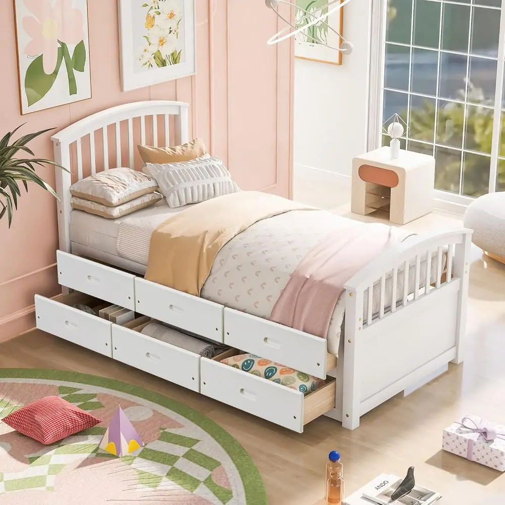 

MeTwin Size Platorm Storage Bed Solid Wood Bed with 6 Ders,White