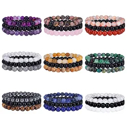 8mm Natural Stone 3 Pieces/Set Bracelet Set Agate Crystal Cat Eye Healing Yoga Women's and Men's Elastic Bracelet Jewelry