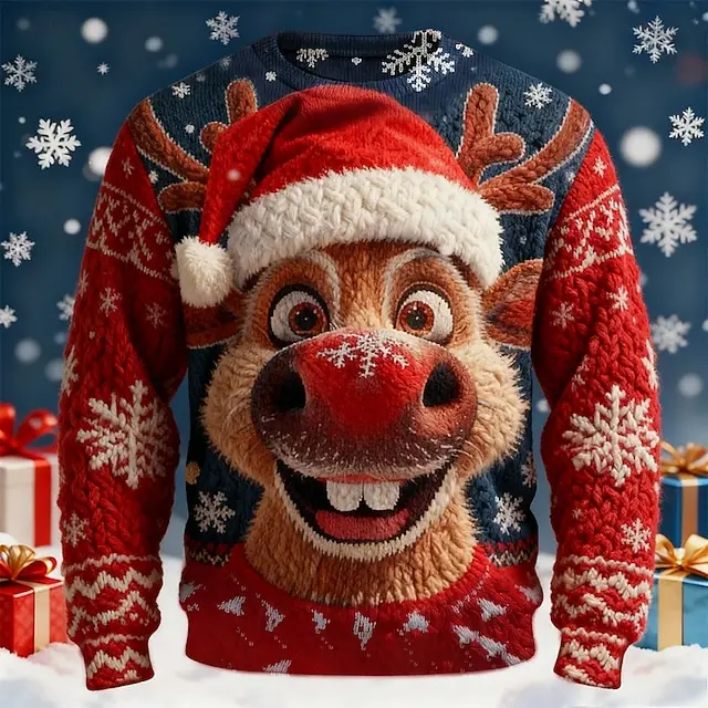 Ugly Christmas Sweater Style 3D All Print Long Sleeve T Shirt Men Women Unisex Funny Red Nose Reindeer Xmas Holiday Party Tops