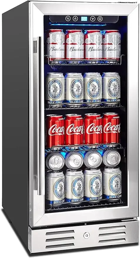 Freestanding - Mini geladeira com capacidade de 96 latas - para refrigerante, água, cerveja ou vinho - Para cozinha ou bar com luz interior azul