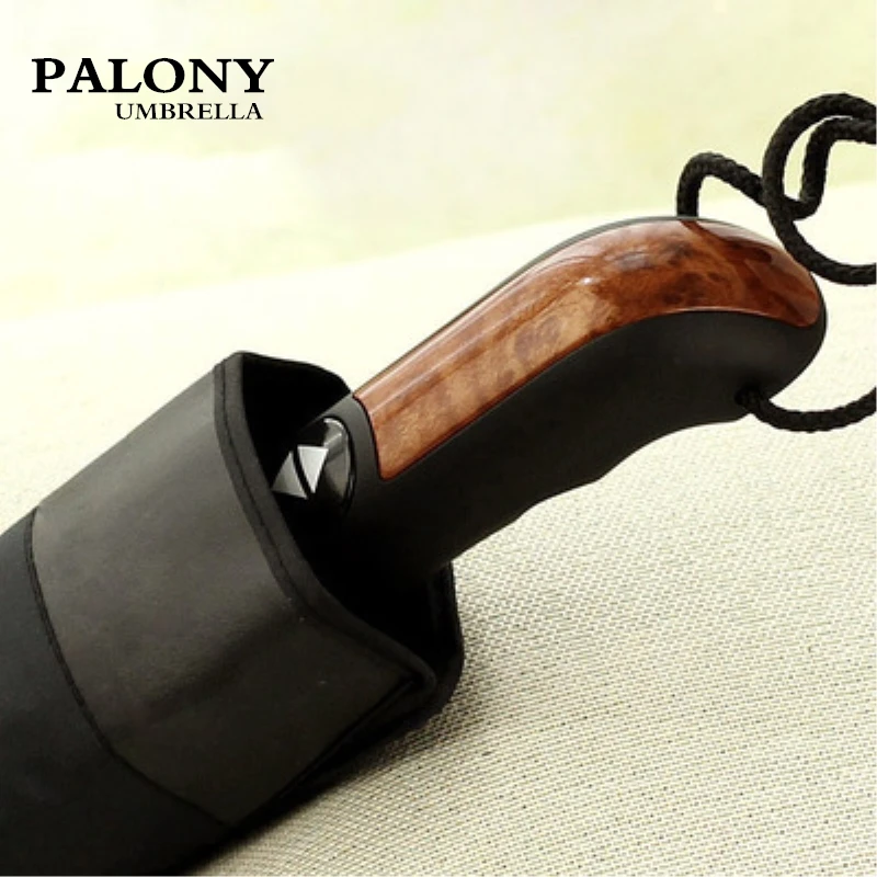 PALONY-Windproof Leather Handle Umbrella for Men, Strong Automatic Umbrella, Resistant, 3 Folding, Black, 10K