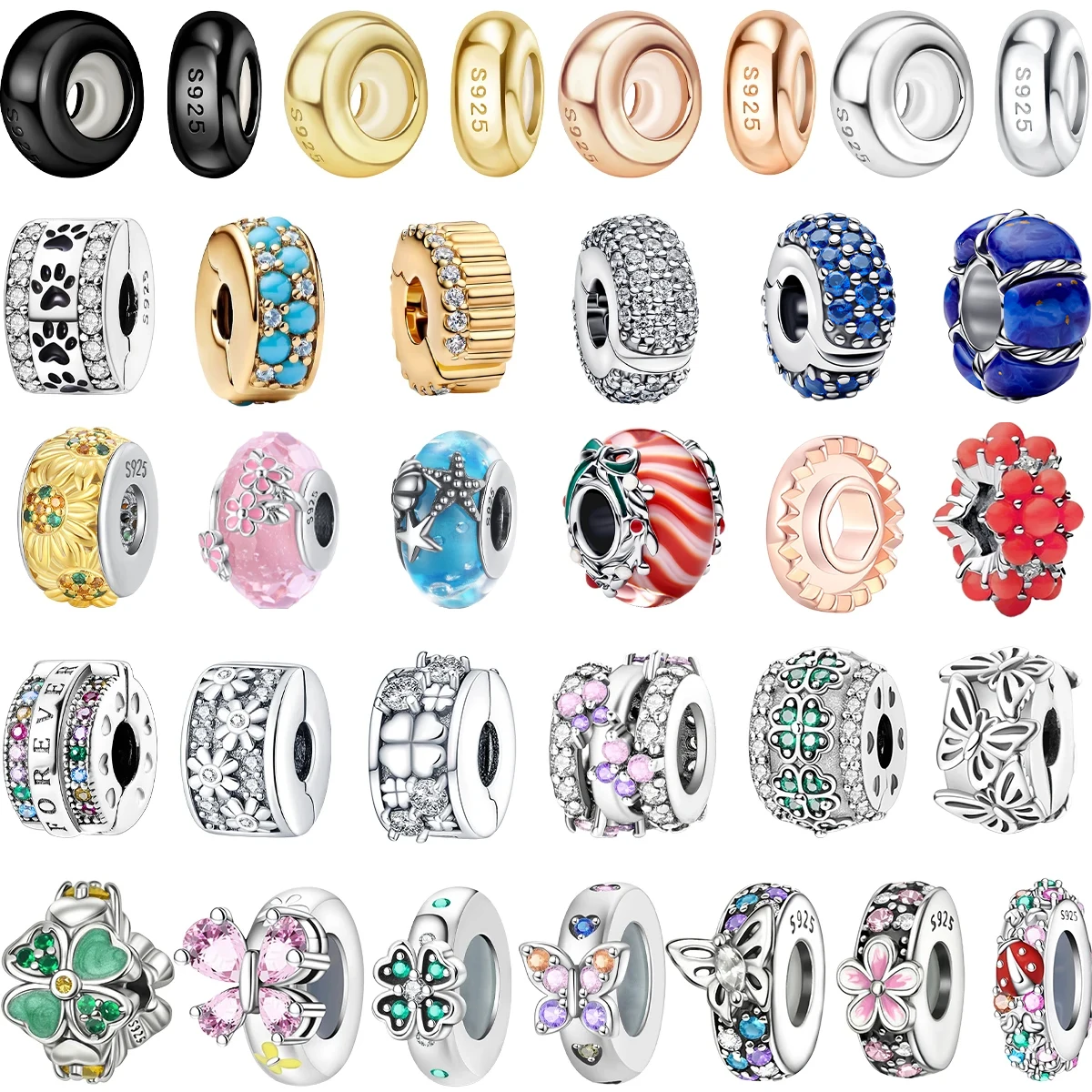 

Colorful Round Silicone Spacer Beads Sterling Silver Clip Charm for Original DIY Bracelet Fine Jewellery Making