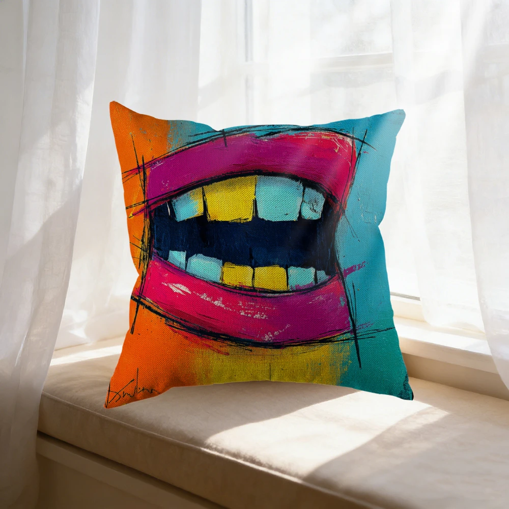 1pc Abstract Art Cushion Cover Multicolor Funny Mouth Print Pillowcase For Sofa Bed Decorative Throw Case 45x45cm