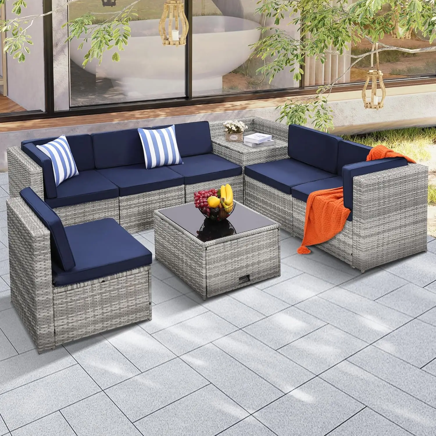 Muebles de exterior para patio, mesa de cristal con almacenamiento oculto, 7 sofás, ratán gris con cojines azules, 8 piezas