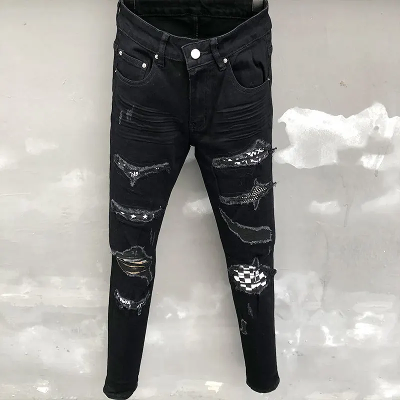 

Hip Hop Ripped Designer Bootcut Jean For Men 2023 Black White Plaid Stitching Street Hole Jeans Men Motorcycle Pant Punk Jeans
