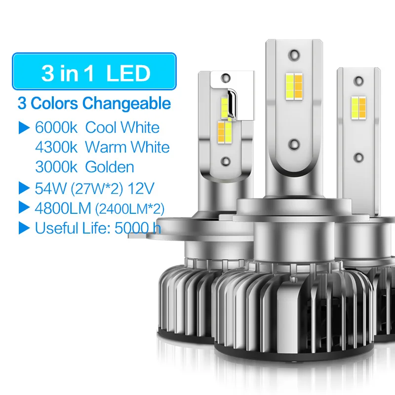 車用LEDヘッドライトランプ 3色変更可能 バルブ ホワイト ゴールデンイエロー 明るいランプ H1 H4 H7 H11 HB3 9005 HB4 9006 9012 H8 H16
