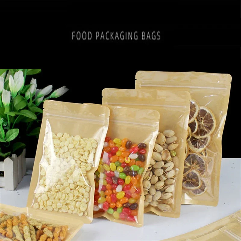 Braune Einseitig Transparente Wiederverschließbare Plastik-Fenster-Kraftpapier-Flachbodenbeutel mit Reißverschluss für Snacks und Lebensmittelaufbewahrung – Detail 1