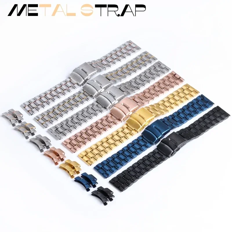 Stainless Steel Watch Strap 18mm 20mm 22mm 24mm Curved End Watch Band with Insurance Folding Buckle Metal Bracelet Accessories