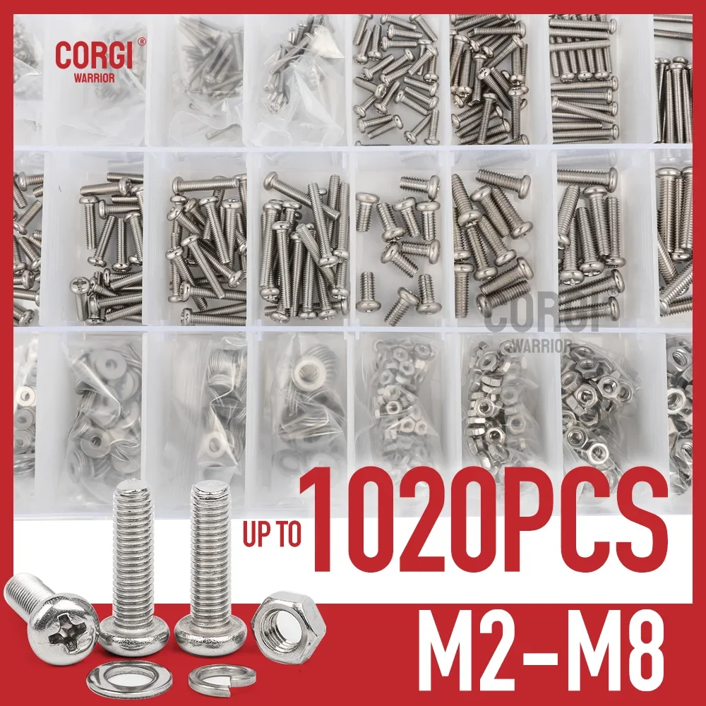 88-1020 M2 M2.5 M3 M4 M5 M6 M8 Machine Screws Phillips Pan Head Electricians Kit 304 Stainless Steel Lock Flat Washers Nuts Set