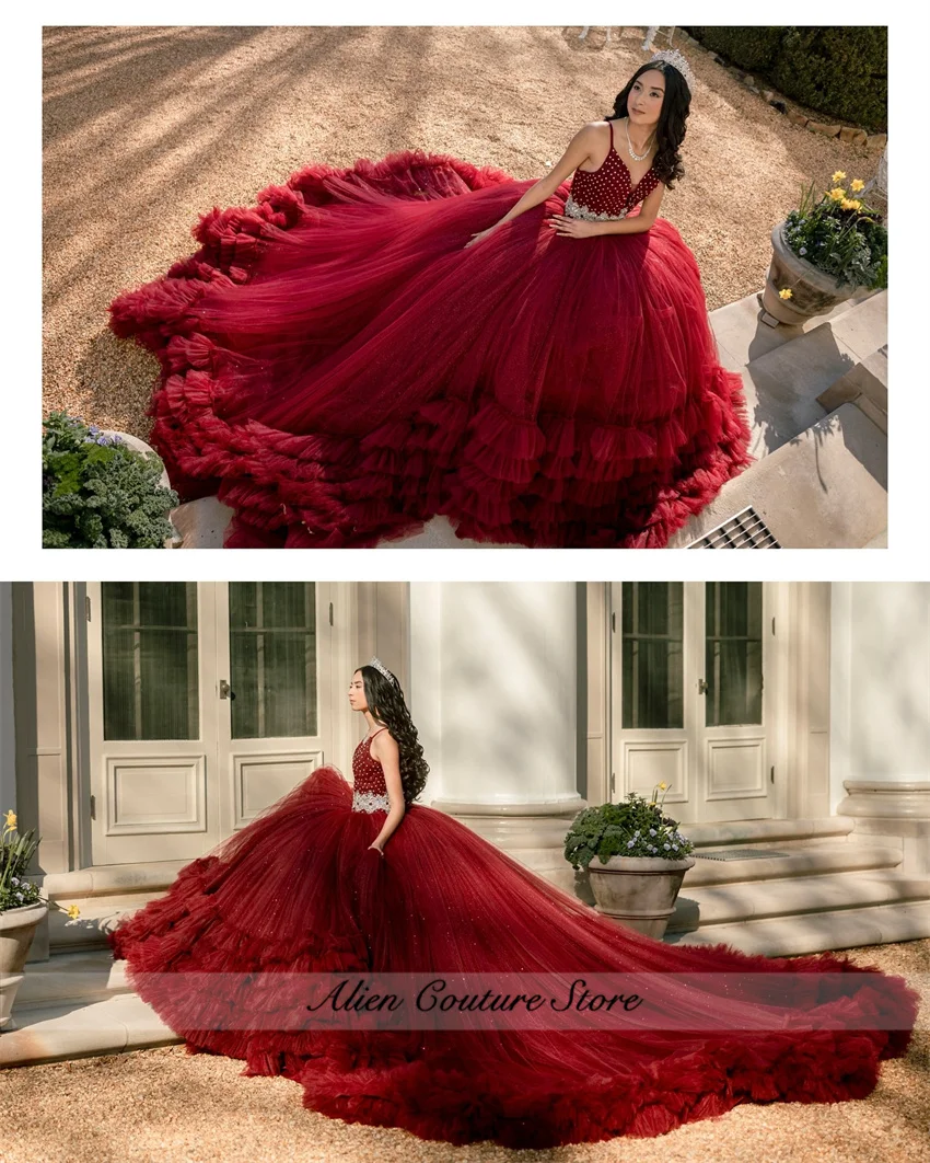 Red Ball Wine Vestido Quinceanera Para Vestidos De Festa De Aniversário Bead Diamonds Tiered Pliado México Robe Tribunal Trem Personalizado