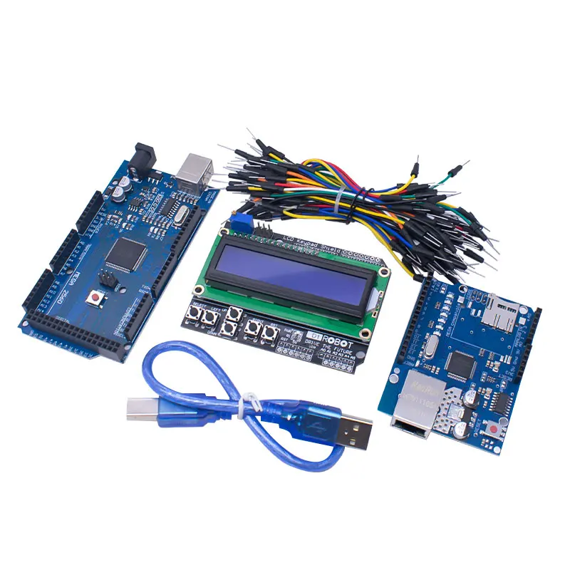 Mega 2560 r3 for arduino kit + HC-SR04 +breadboard cable + relay module+ W5100 UNO shield + LCD 1602 Keypad shield