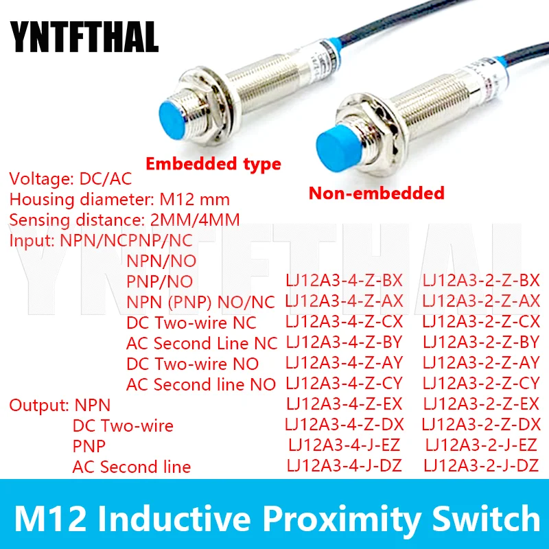 M12 Proximity Switch Sensor LJ12A3-4-Z/BX Three-wire NPN PNP Normally Open and Normally Closed 24V Two-wire 220V LJ12A3-2-Z/AX