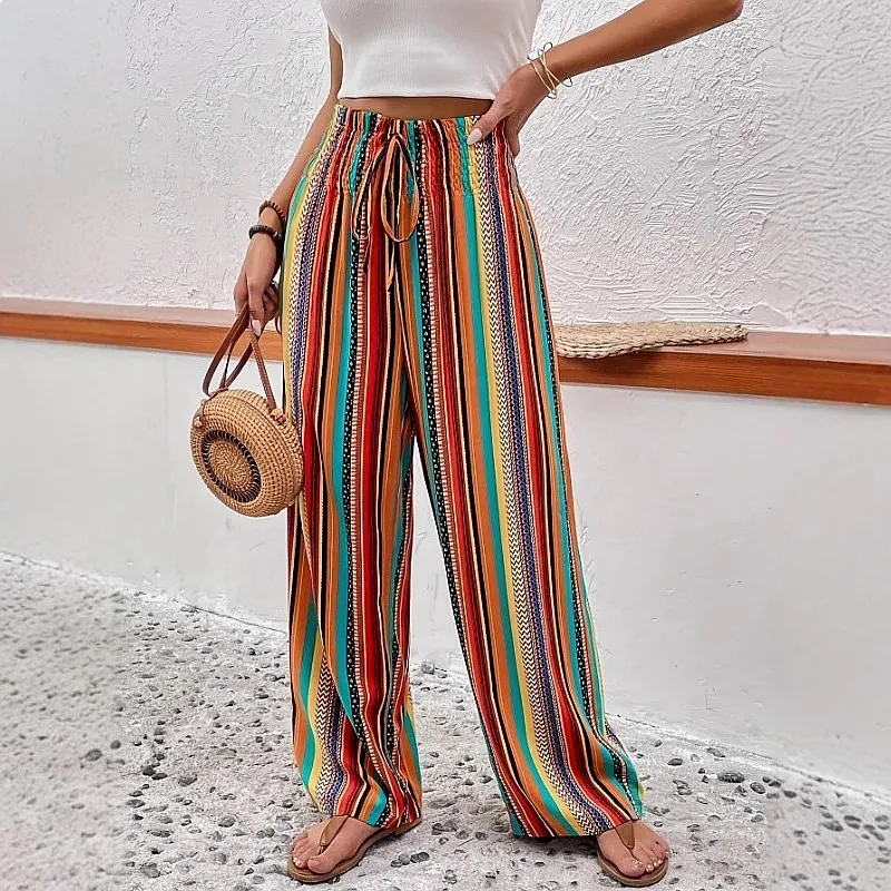 Bohemian Striped Wide Leg Pants Casual Loose Trousers Spring Summer Multi Color Boho Pants