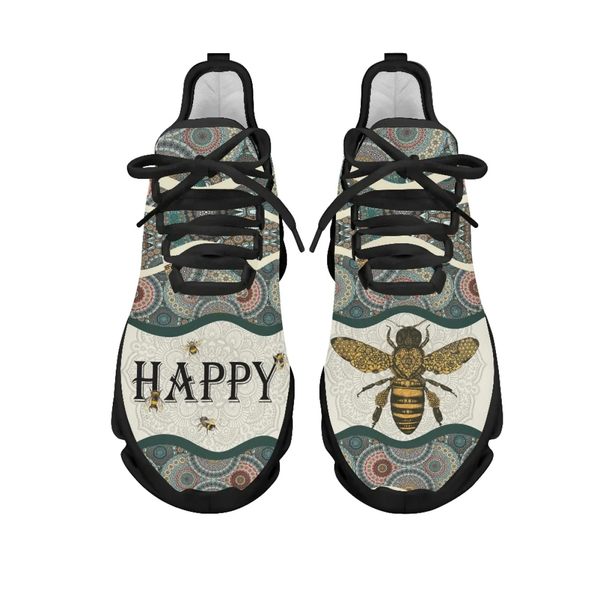 INSTANTARTS Comfort Non-Slip Sneakers Happy Honeybee Boho Platform Mesh Shoes for Women Wear Resistant Lace-up Walking Footwear