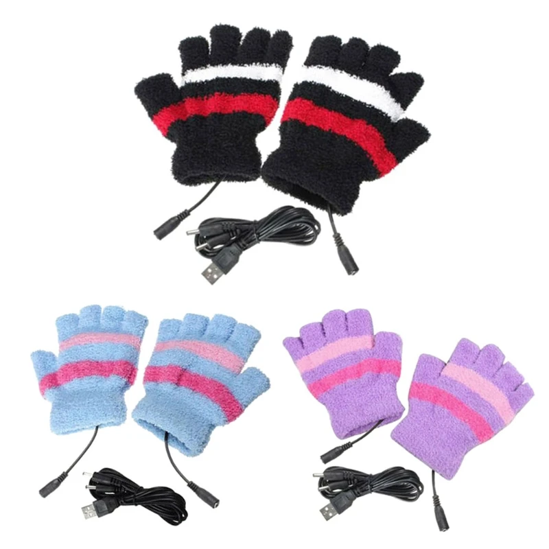 Unisex Winter USB Heated Fingerless Gloves Fuzzy Plush Striped Heating Mittens Dropship