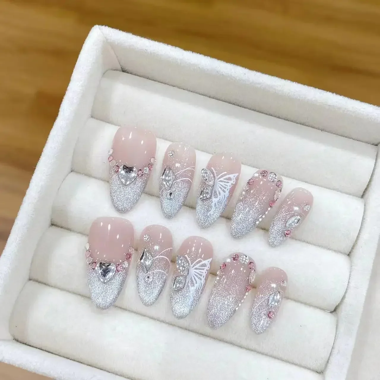 10pc rosa halo corante artesanal imprensa em unhas curto amêndoa unhas falsas com diamante destacável unhas falsas completa sobre manicure ponta do prego