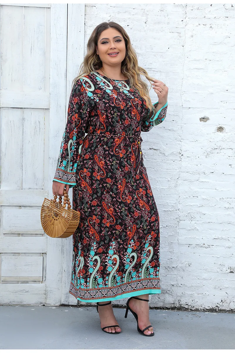 Vintage Plus Size Dresses Ethnic Style Women O-Neck Printed Long Dress Spring Summer Fashion Casual Lady Elegant Dress