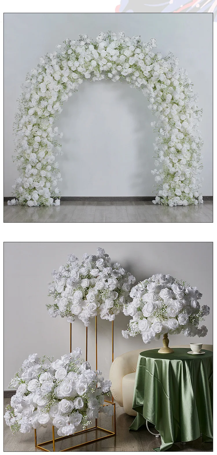 2,4 m U-förmiger Hochzeitsbogen mit künstlichen weißen Rosen, Schleierkraut und Hortensien, Blumenarrangement, Eisenrahmen, Hintergrund für Events und Partys – Detail 5