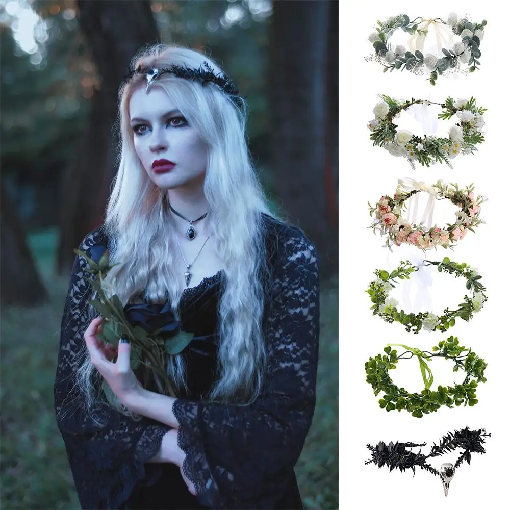 Costume Cosplay Fairy Flower Leaf Headbands Photoshoot Simulated Black Flower Antler Crown Elven Princess Tiara for Women Girls