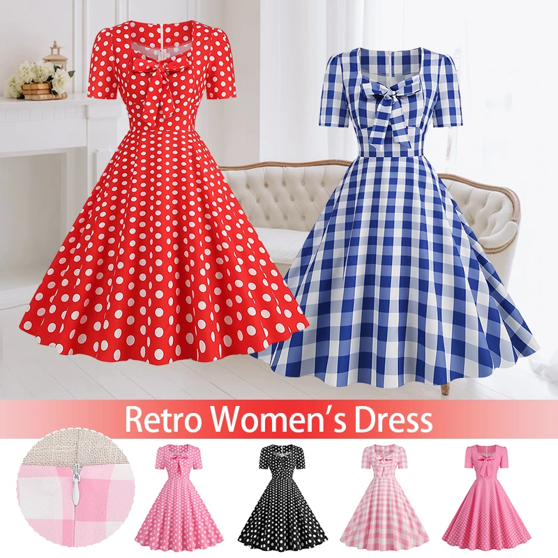 

Women Retro 50s 60s Rockabilly Dress Polka Dot Dresses Big Swing Dress Cocktail Ball Grown Party Midi Dresses