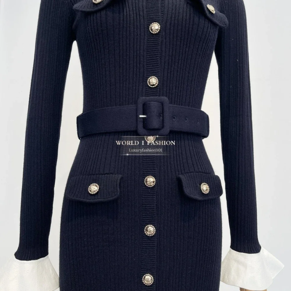 

High Quality 2025 New Black Long Sleeve Knit Midi Dress