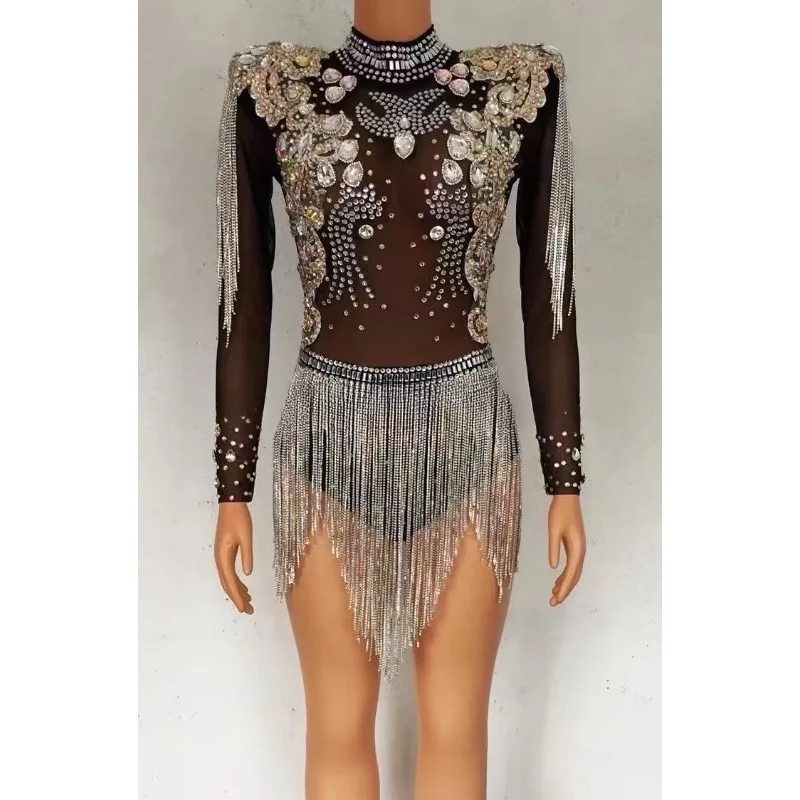 Costume discoteca bar femminile pieno di diamanti con frange cantante congiunta danza regina di vetro corpo trasparente frange abiti di compleanno