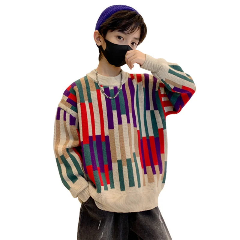 

Cool Kids Multi-colored Stripe Sweater For Boy Spring Autumn Knitted Streetwear Clothing Teenage Child Colorful Sweater Knitwear