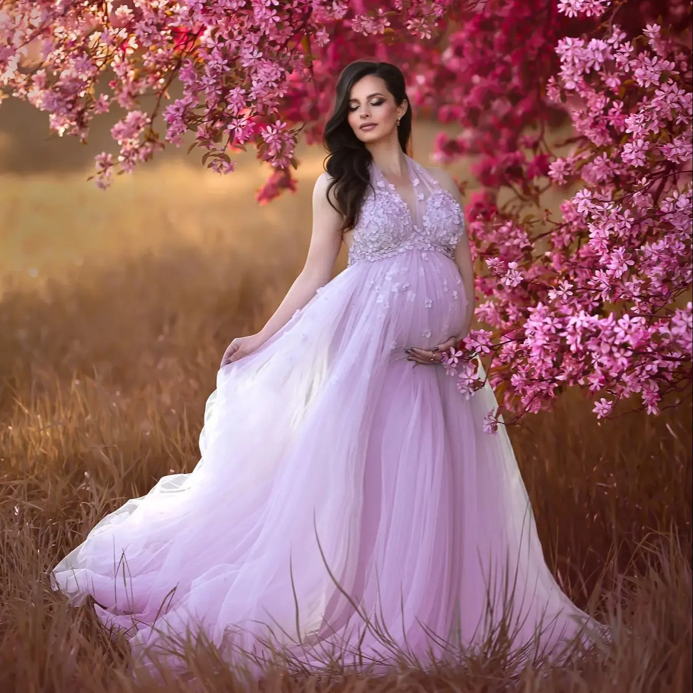 

Иллюзионные светло-фиолетовые платья для беременных, кружевное платье для фотосессии с v-образным вырезом для вечера, индивидуальное женское платье для детского душа V