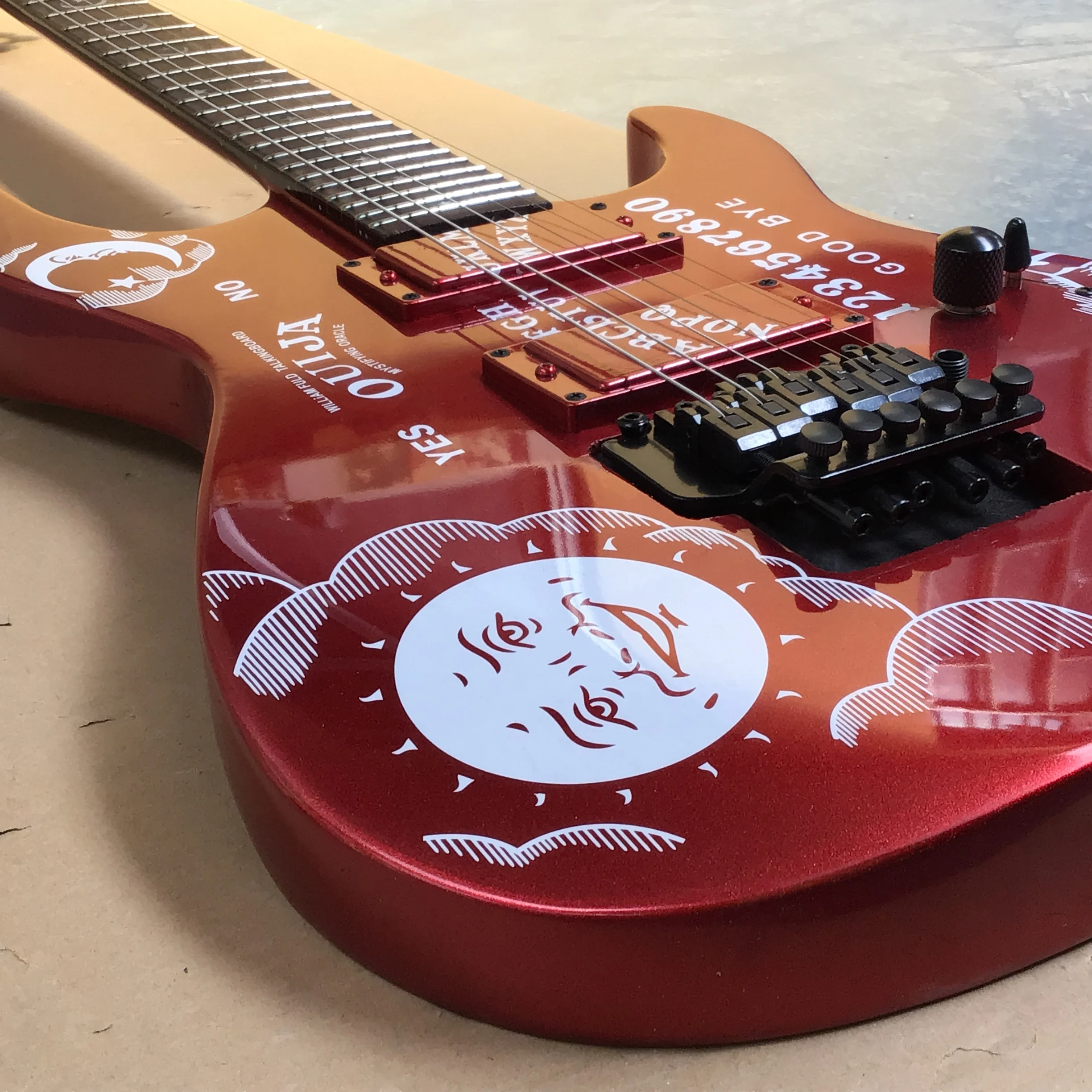 Metallic Red Super Strat Guitar, Mystic Board Graphic, HH High-Output Pickups, Double Locking Tremolo, Star Moon Inlays
