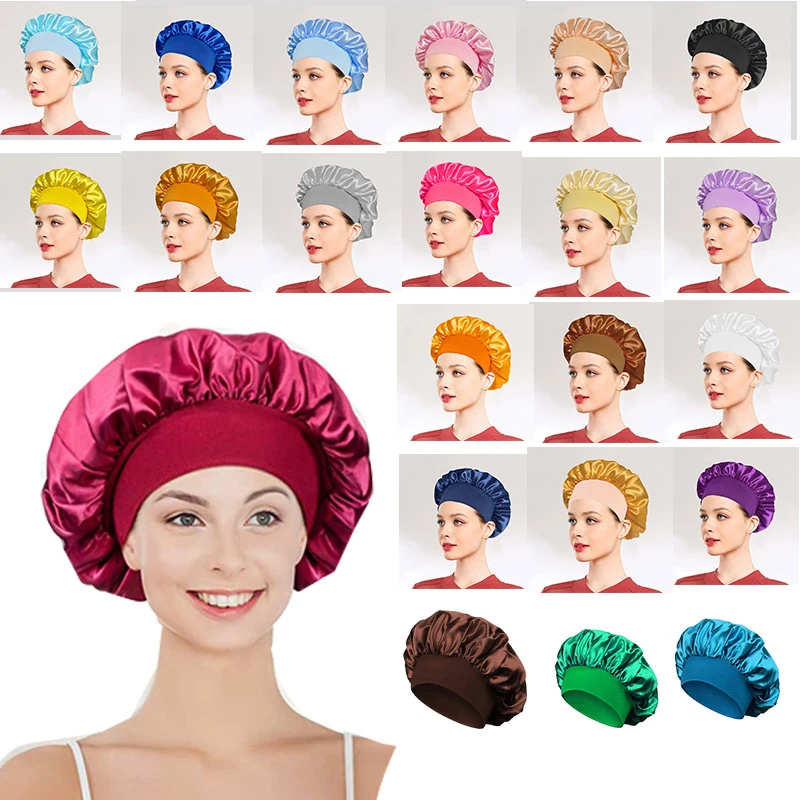 3 Stück Breitrandige Elastische Damen-Schlafmütze aus Satin, Nachtmütze, Haarschutz, Duschhaube für Bad und Sauna – Detail 3