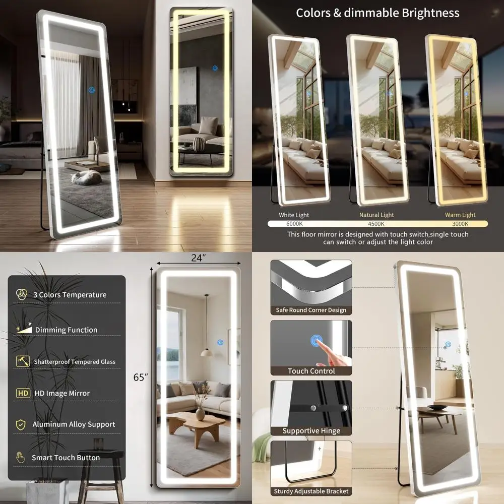 全身LEDフロアミラー 65x24インチ、角丸デザイン、調光可能な3色ライト付き、全身鏡、スタンドミラー