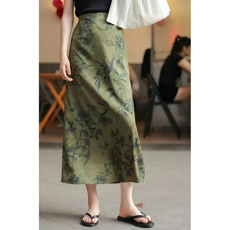 Chinese Style Printed Half-length Temperament Slit Skirt Women 2026 New Summer High-waisted Elegant Retro Falling Long Skirts