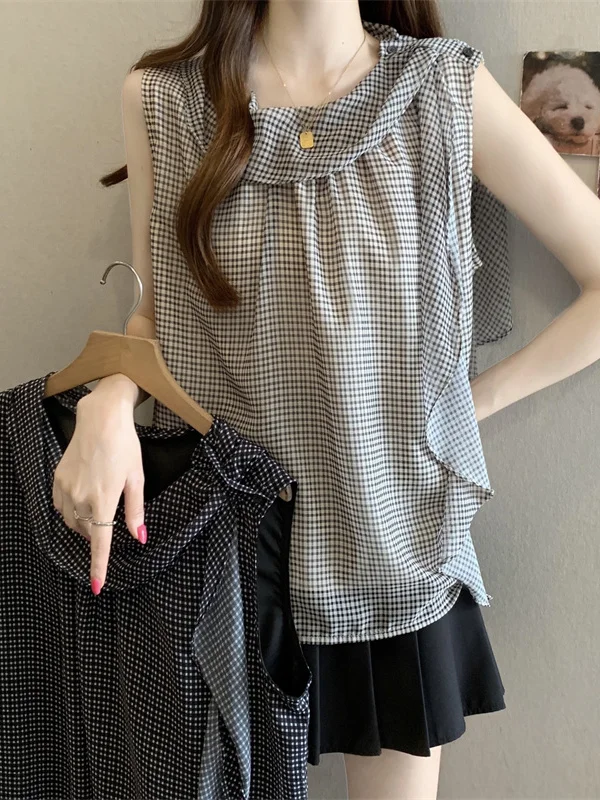 

plus Size Women's Vintage Plaid Strap Vest Summer New Style Elegant Versatile Small Audience Design Sensation Swing Collar Top