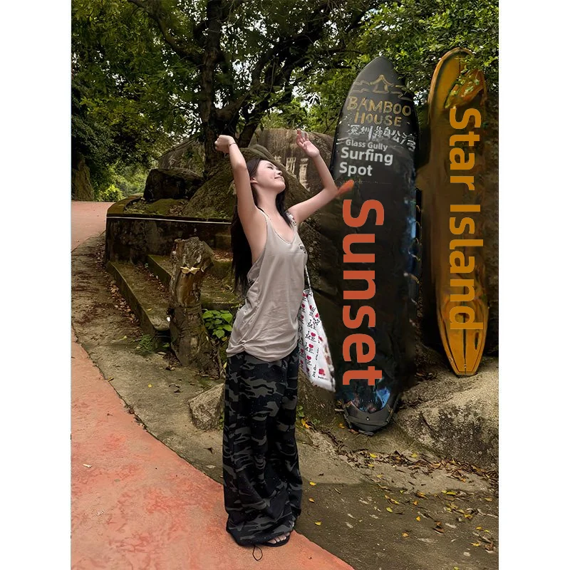 American Style Hot Girl Letter Print Halter Top Women Summer Outdoor Wear Slim Fit Back  Shirt Casual round Neck Vest