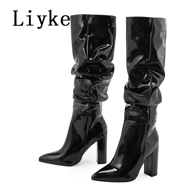 Liyke 2024 Autumn Winter Pleated Patent Leather Knee High Boots Female Pointed Toe Slip On Motorcycle Shoes Women Square Heels