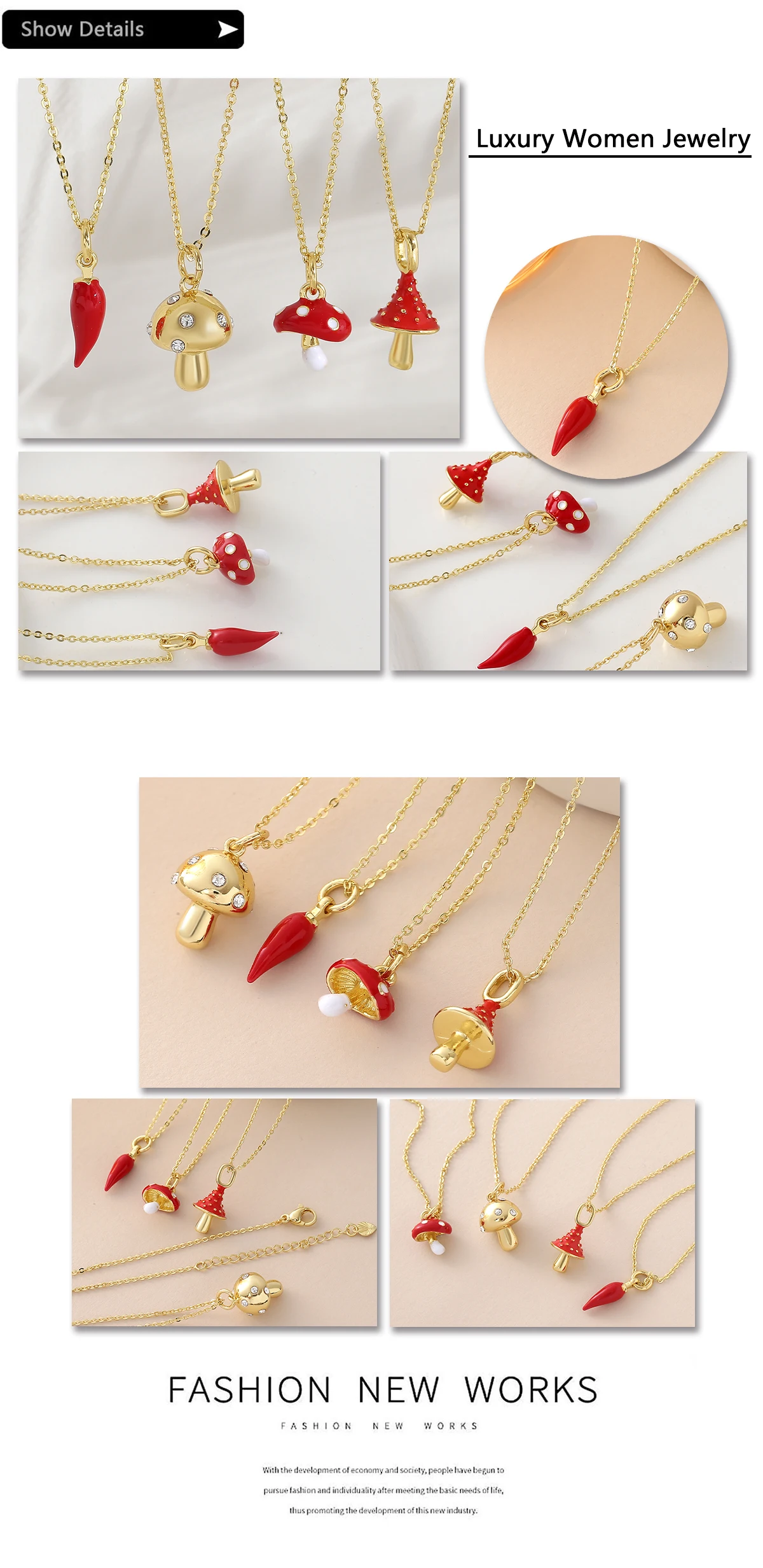 MHS.SUN Einfache rote Pilz-/Chili-Anhänger-Halsketten, vergoldet, mit kubischem Zirkon, modische Choker-Kette, Statement-Schmuck für Frauen – Detail 17